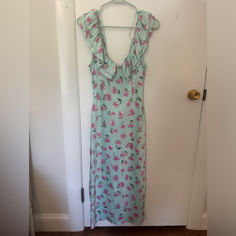 Floral ruffle satin midi dress